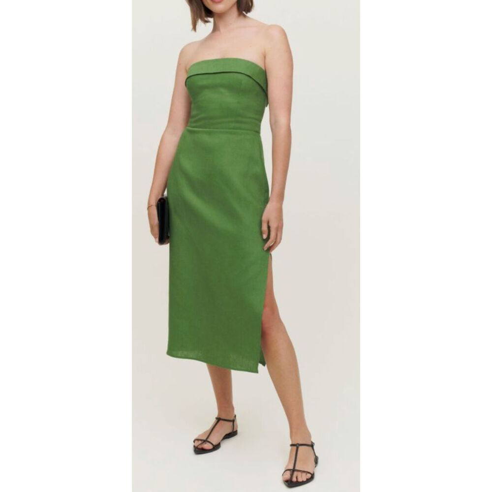 Reformation Marcella Linen Strapless Midi Dress Palm Green Size 0